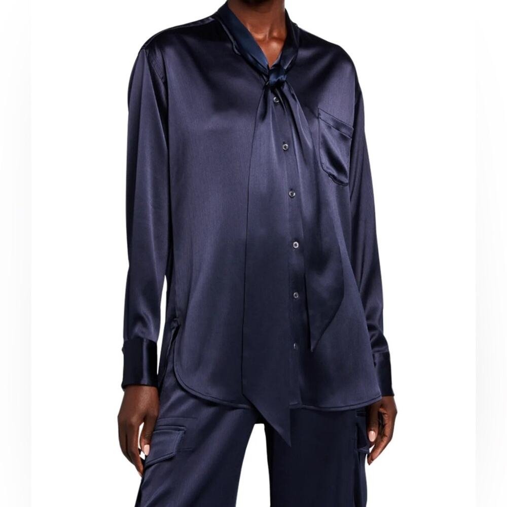 Sies Marjan Satin Tie Neck Blouse Navy Purplish XS Button Front Curtail Soft